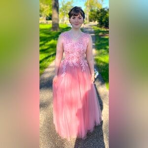 Beautiful pink/coral lace/tule prom dress.  Beautiful and feminine, worn once.